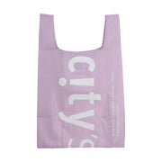 Purple pocketable tote bag with CITYSUPER logo print and short handles