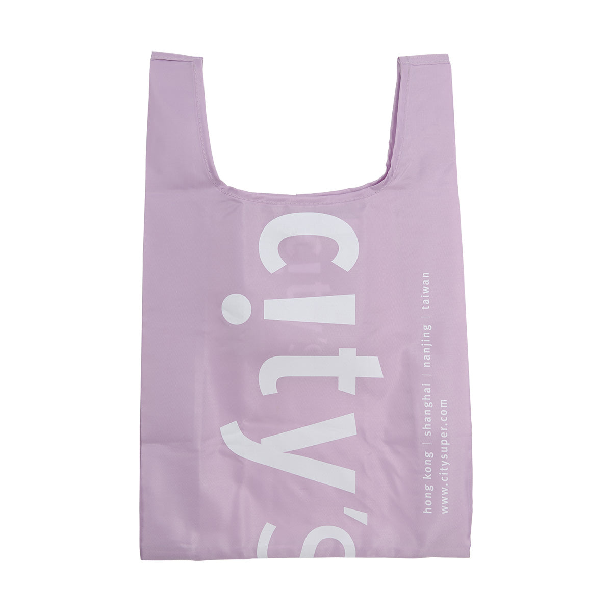 Purple pocketable tote bag with CITYSUPER logo print and short handles
