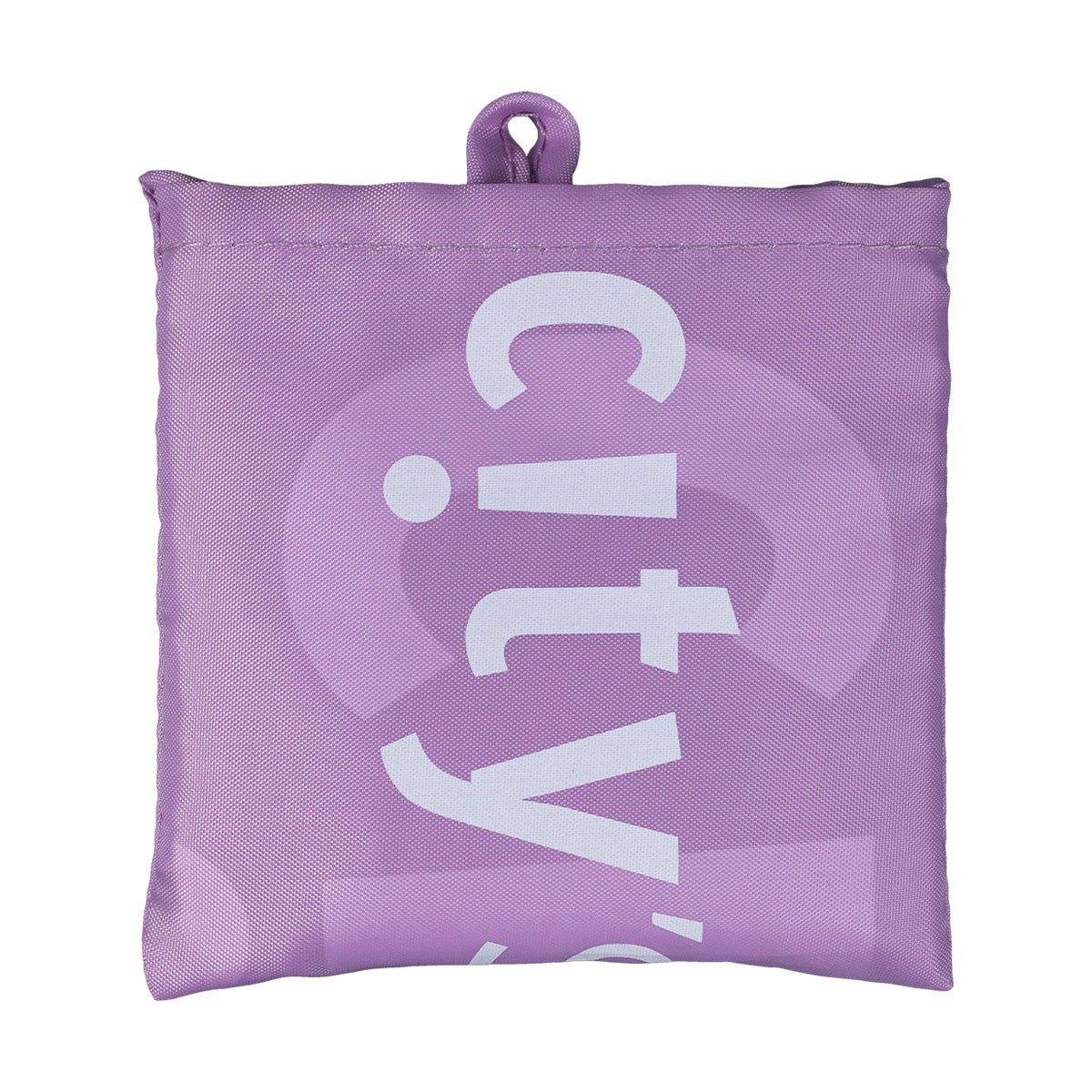 Purple folded pocketable bag pouch with top loop handle and CITYSUPER logo print