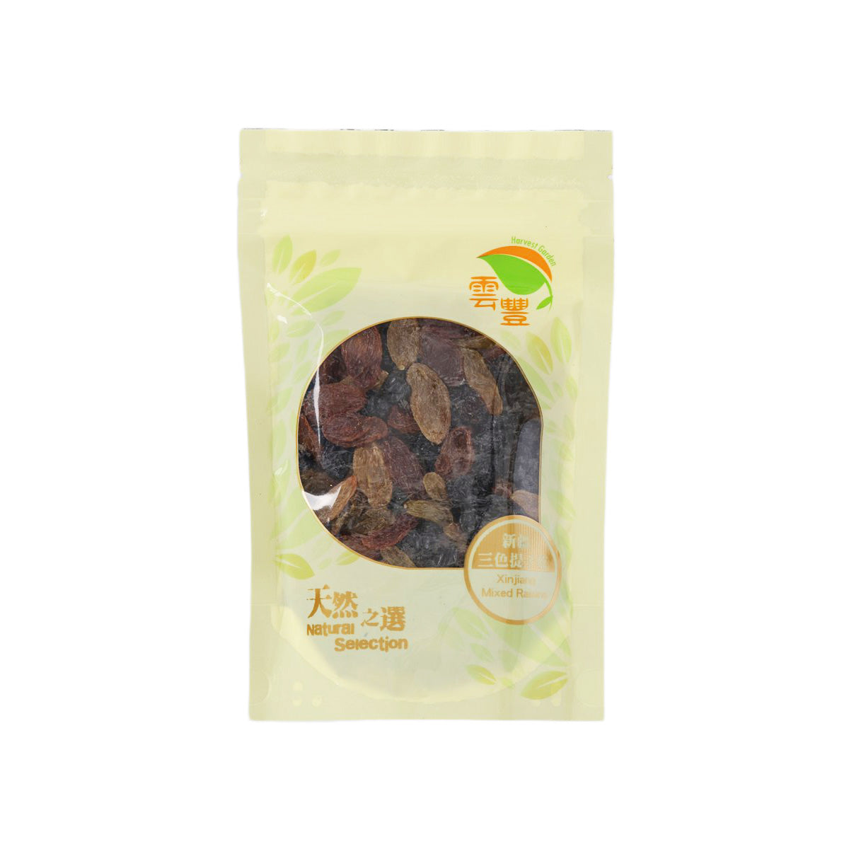 Mixed raisins pouch with front window showing dark raisins