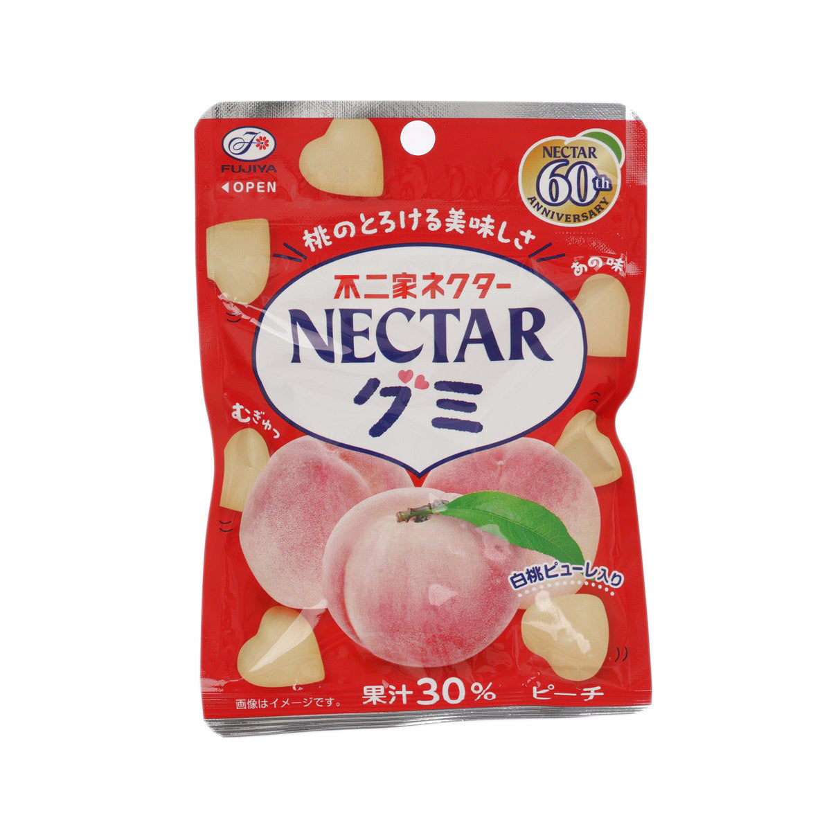 FUJIYA Nectar peach gummy pouch, red package with peach gummy graphics