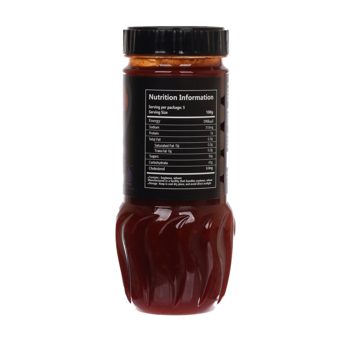 ONGGOJIB chicken sauce bottle with back nutrition label and dark red-brown sauce
