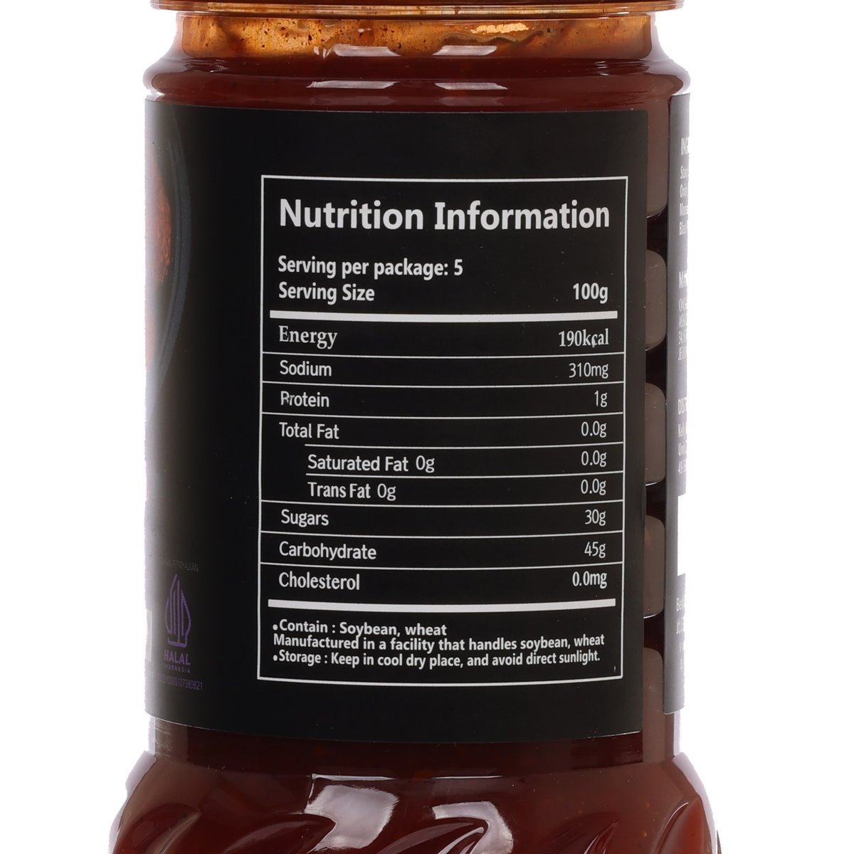 Nutrition information panel on ONGGOJIB chicken sauce bottle with dark sauce below