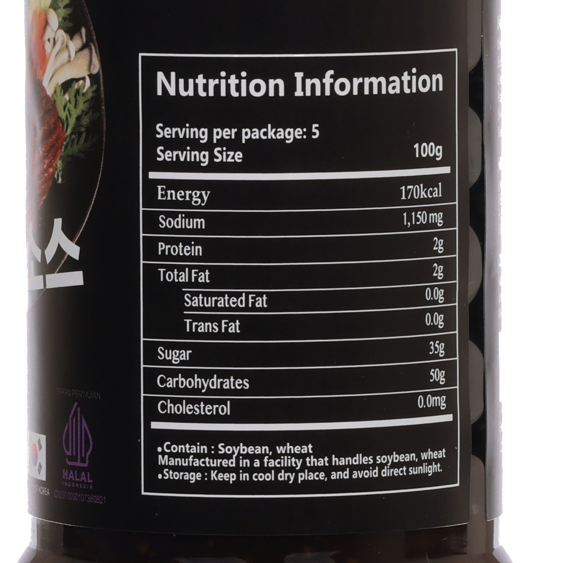 Nutrition information label on dark brown kalbi marinade sauce bottle, serving details shown.