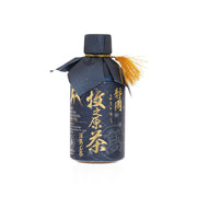 Dark blue 350 mL green tea drink pouch with yellow tie and front label
