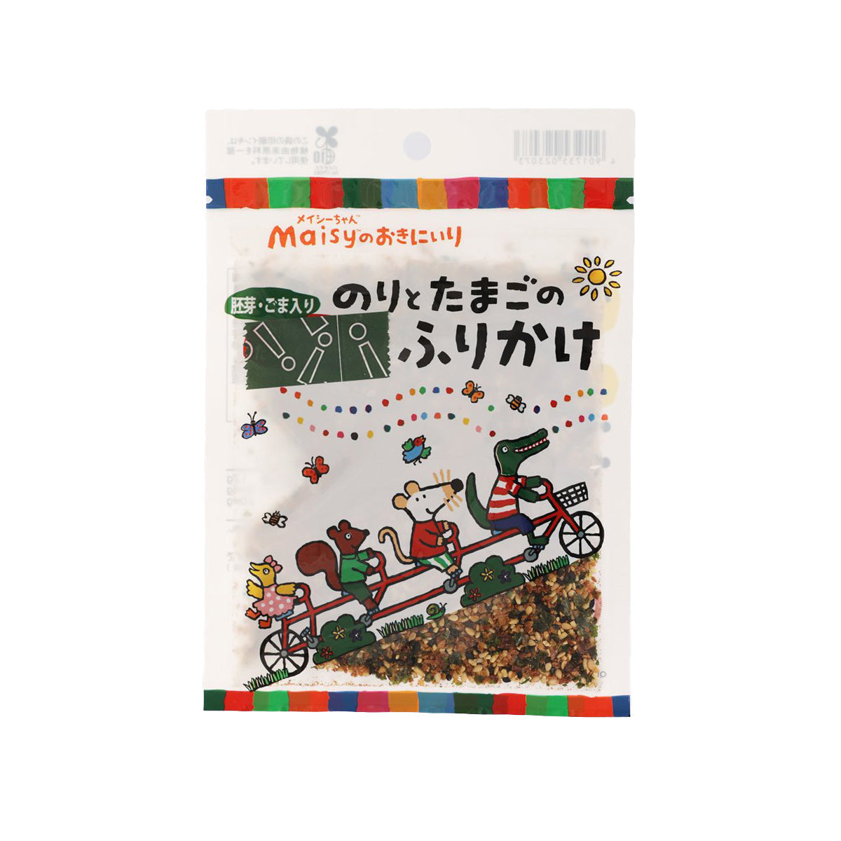 Seaweed and egg rice topping packet, front with cartoon and striped border