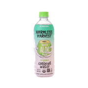 Organic coconut water bottle with aloe pulp, green cap, pale pink label