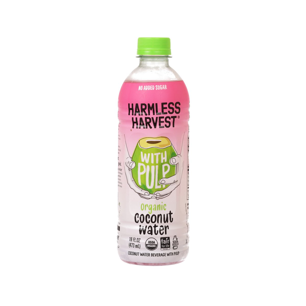 Organic coconut water bottle with pulp, green cap and pink front label