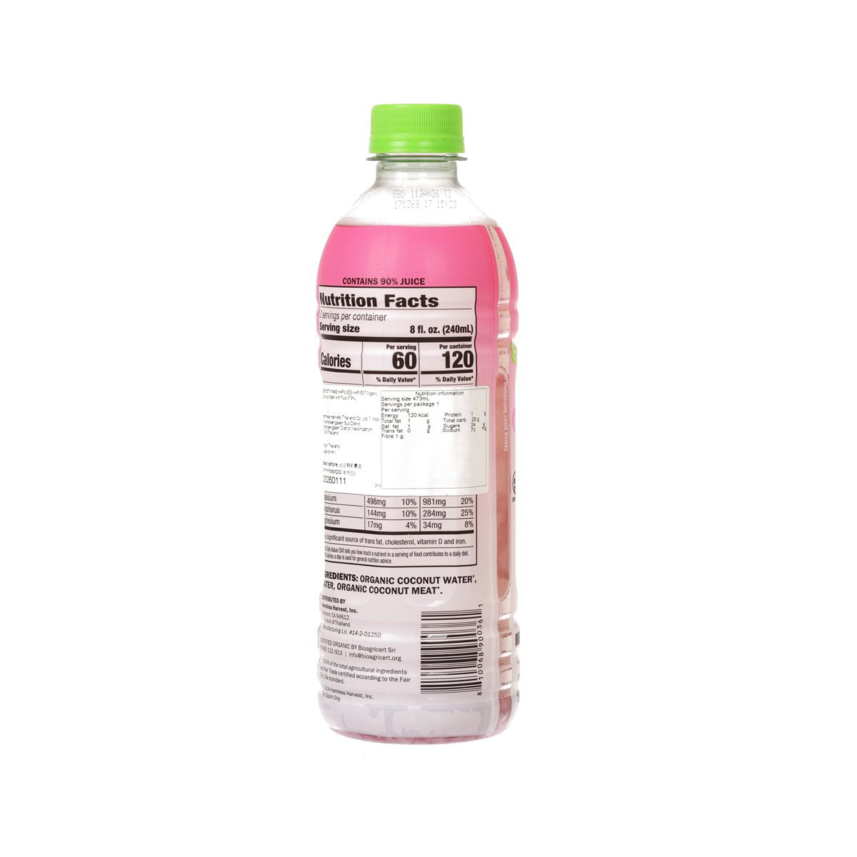 Organic coconut water bottle with pulp, back label nutrition facts, green cap
