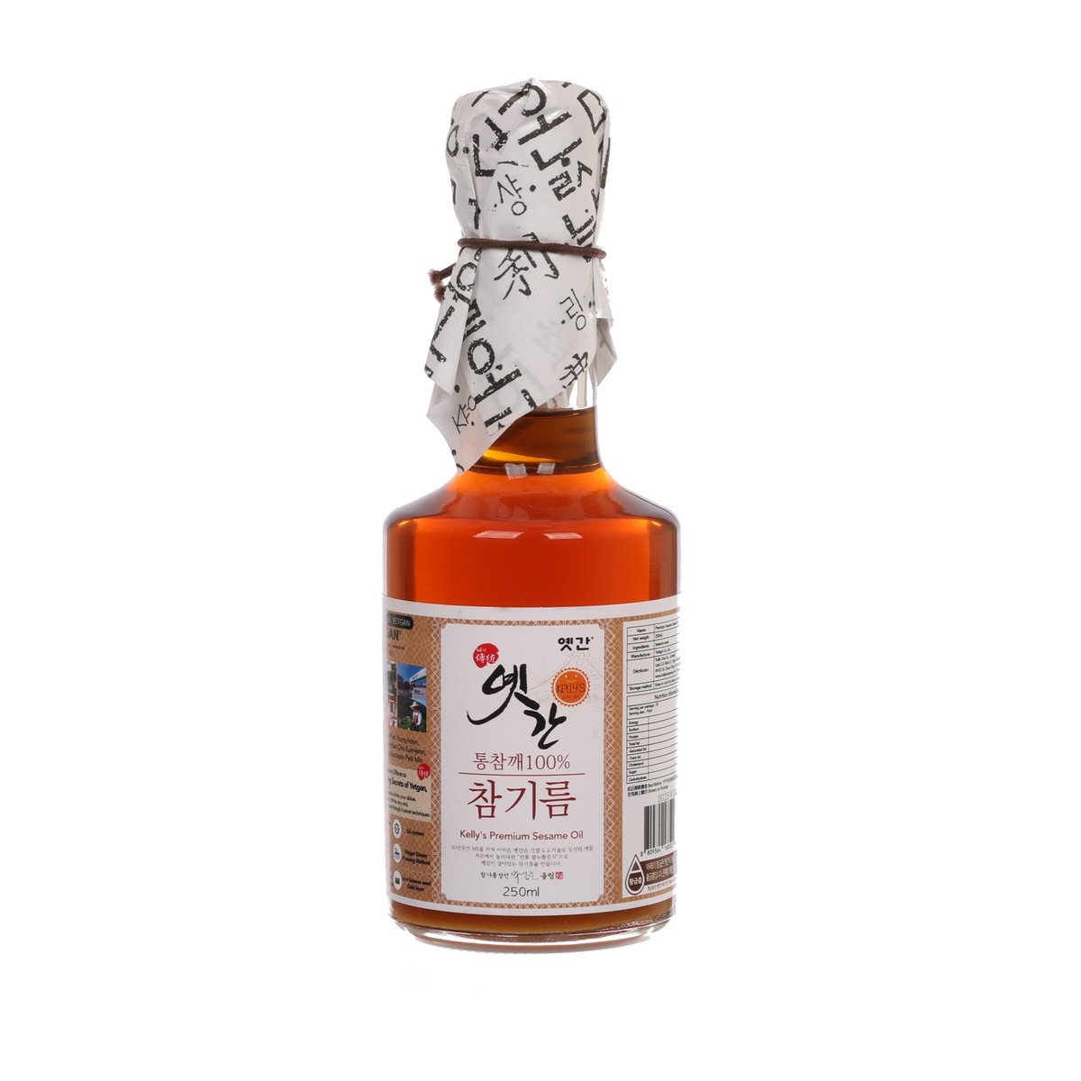 YETGAN premium sesame oil bottle, amber glass with front label and wrapped cap