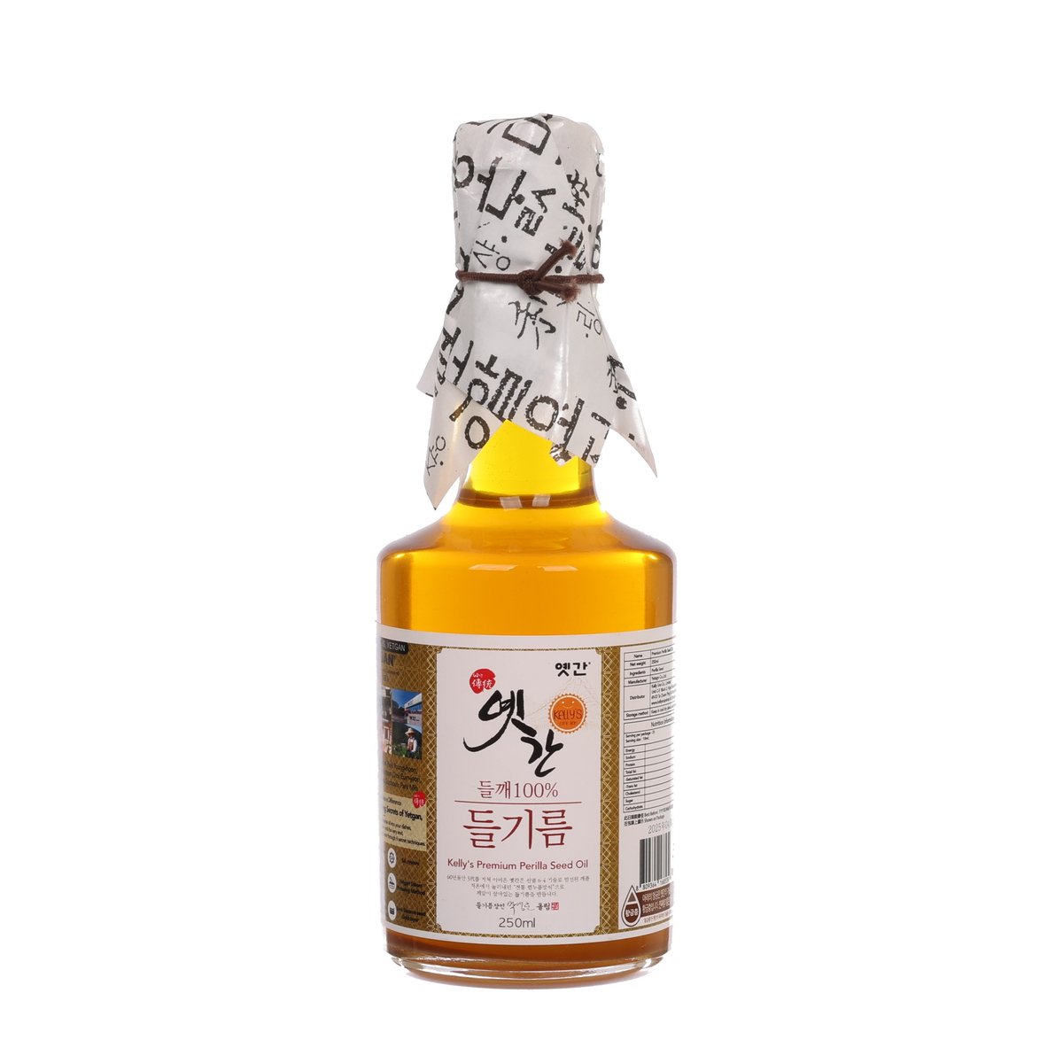 YETGAN perilla seed oil bottle with amber glass and foil-wrapped cap, 250 mL