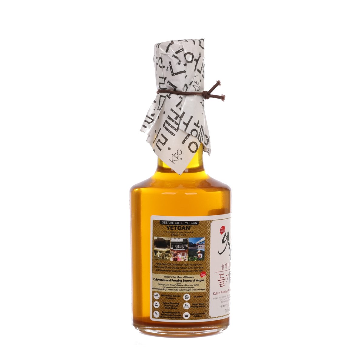 YETGAN perilla seed oil bottle with foil-wrapped neck and front label, 250 mL
