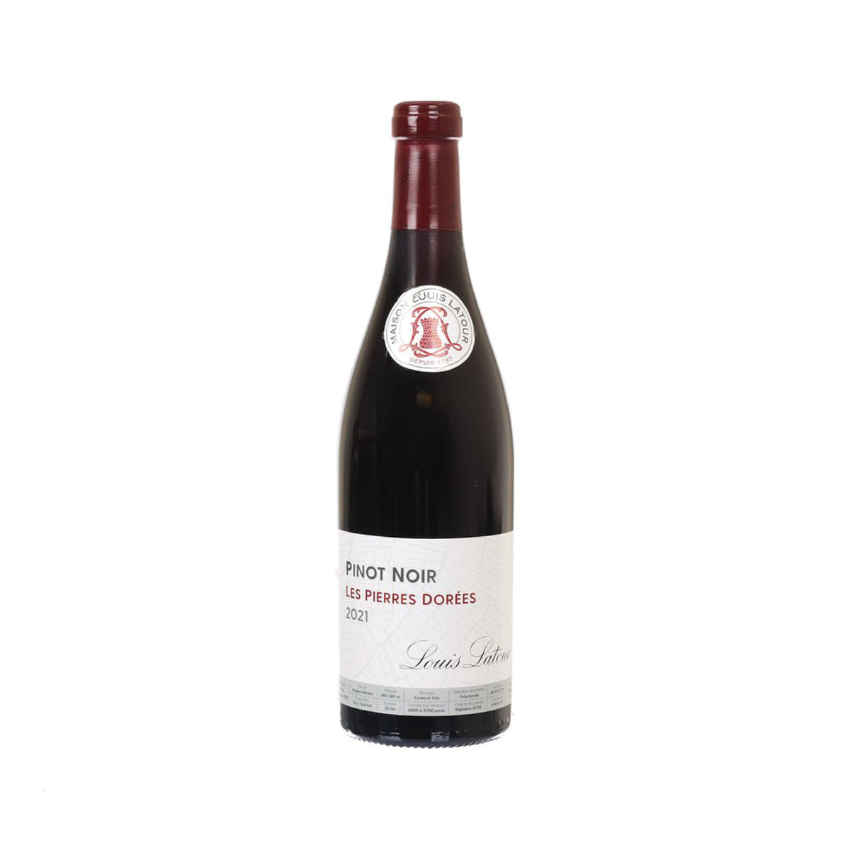 LOUIS LATOUR Pinot Noir wine bottle, front label, red cap, dark glass