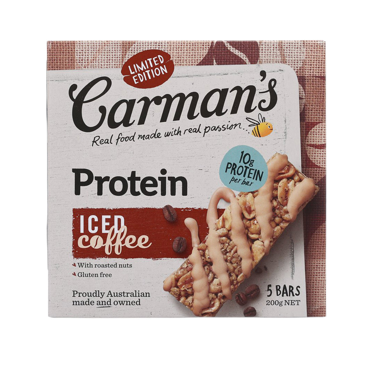 Limited edition protein bar box, iced coffee flavor, roasted nuts, 5 bars