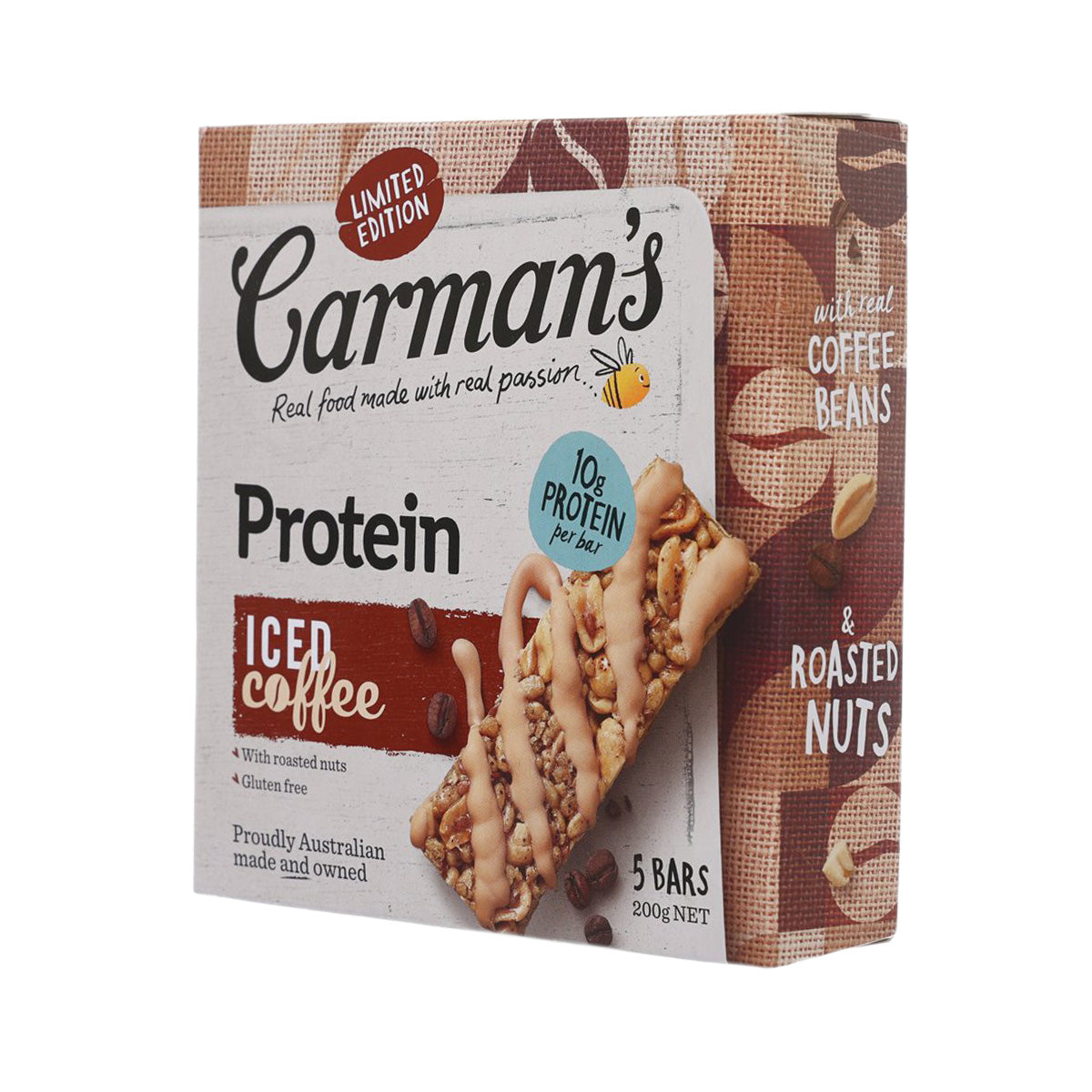 Protein bar box, iced coffee flavor, with roasted nuts; gluten free, 5 bars