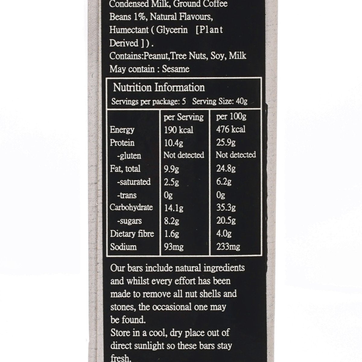 Protein bar nutrition facts panel with calories, protein, sugar, and fat per serving