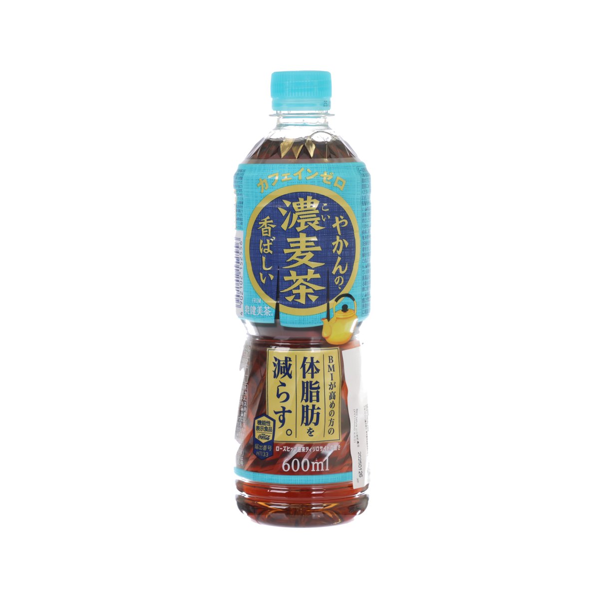 COCA-COLA barley tea bottle, 600 mL, amber drink with blue cap