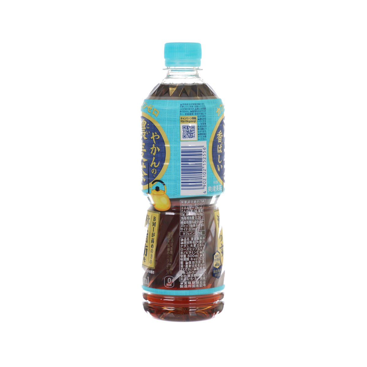 COCA-COLA barley tea bottle, 600 mL, side label with amber liquid, blue cap