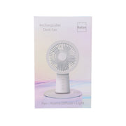 Rechargeable desk fan box showing white fan with diffuser and light