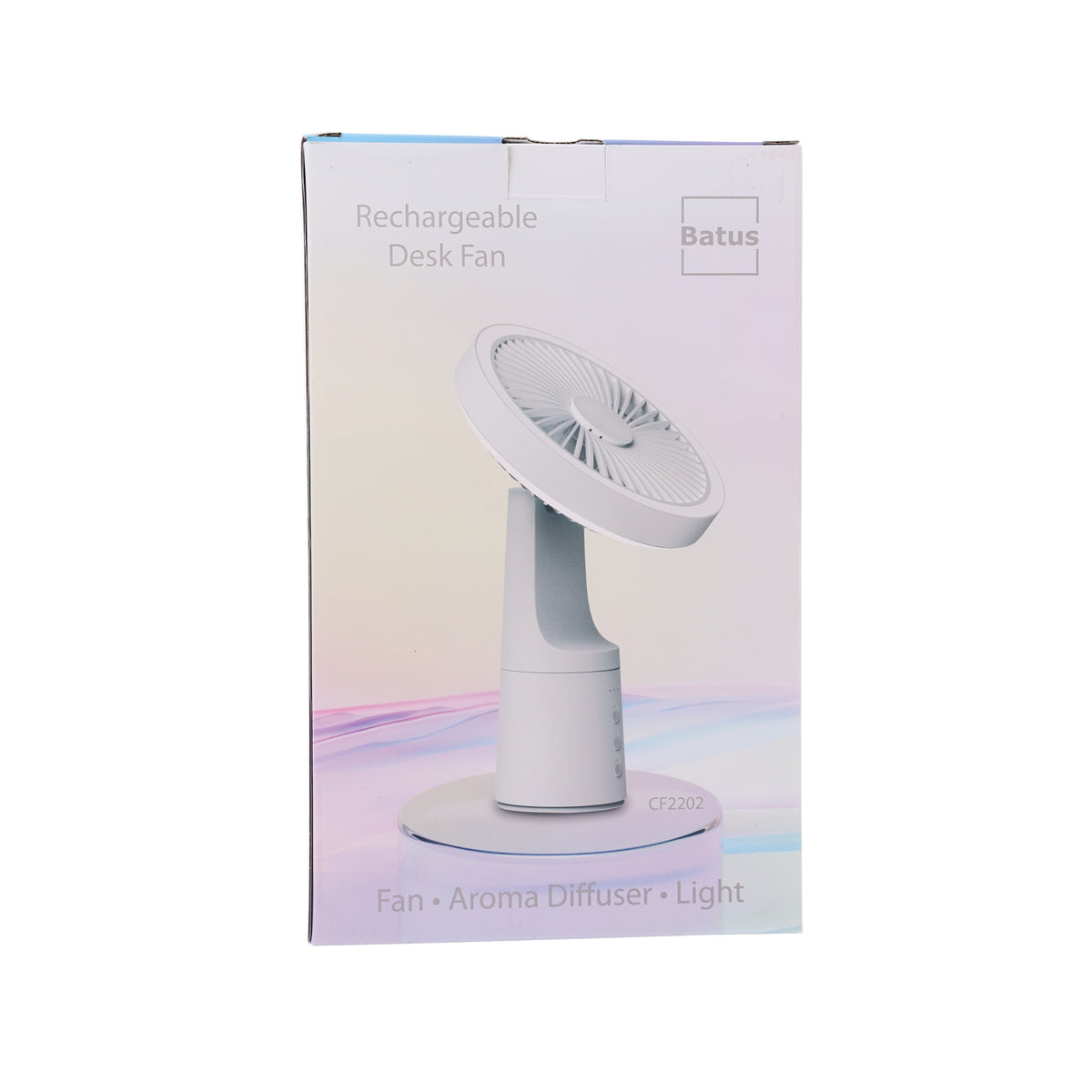 Rechargeable desk fan box showing angled white fan head and diffuser base