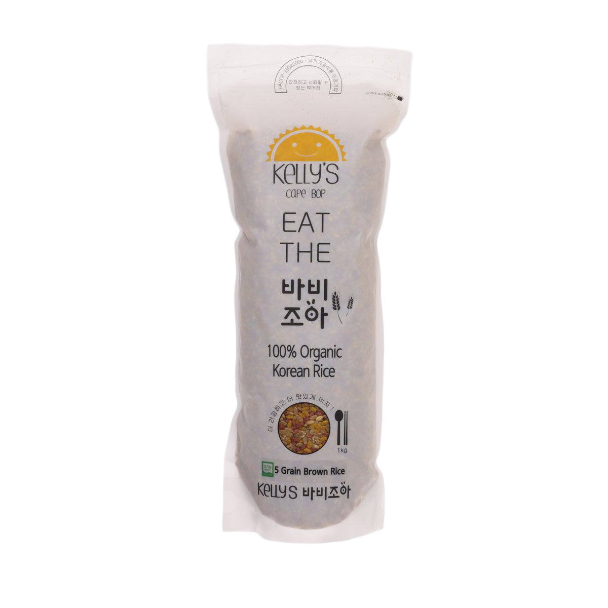 Organic 5-grain brown rice pouch, 1 kg, front label with brand Kelly's.