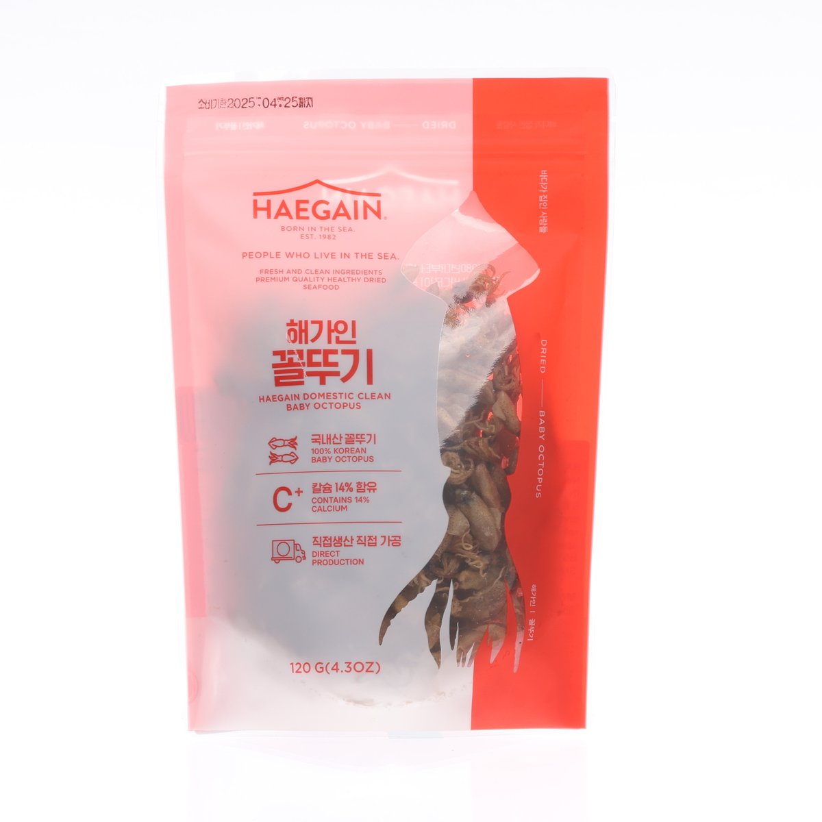 HAEGAIN dried baby octopus pouch, red-and-pink package with octopus illustration