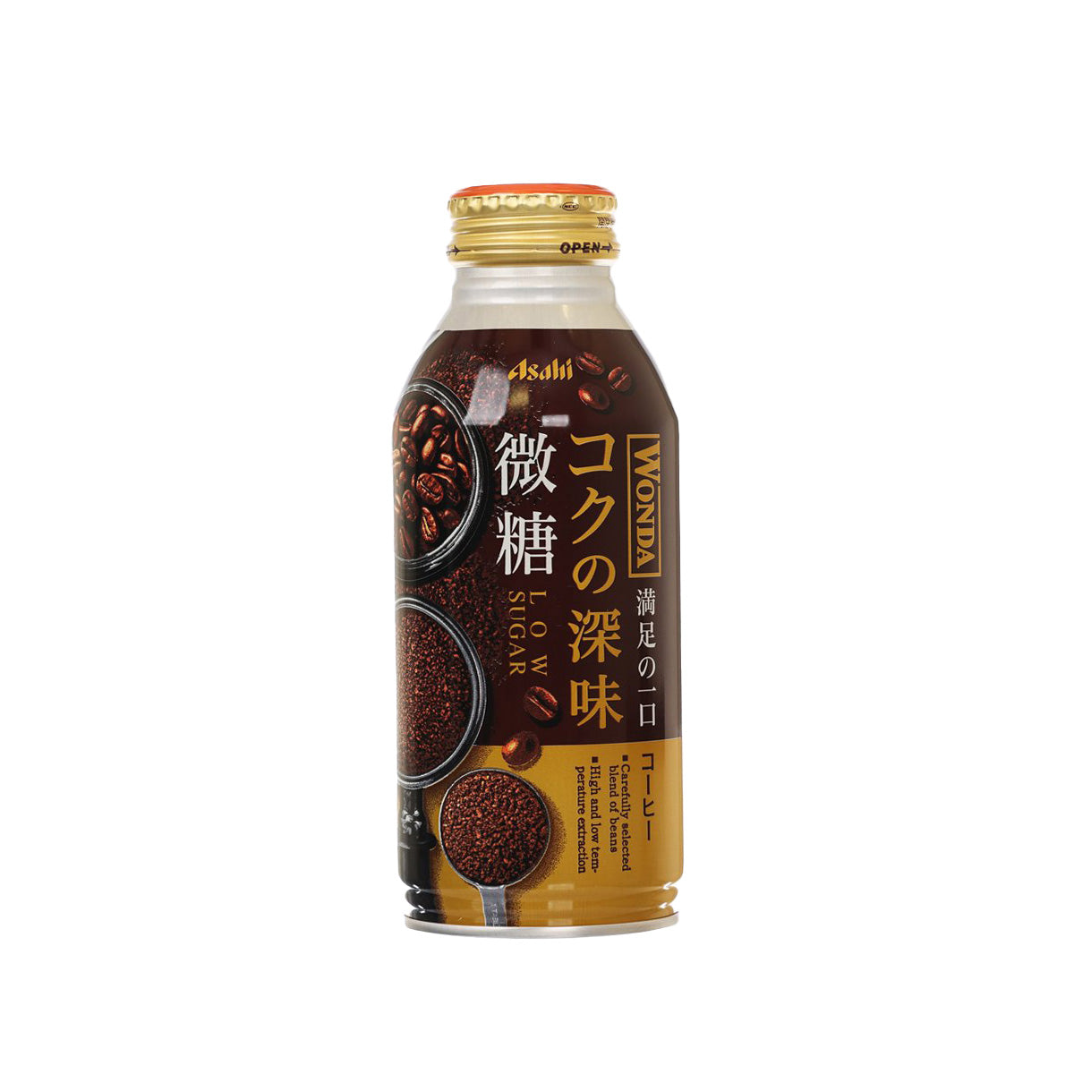 Low sugar coffee bottle 370g with gold cap, amber coffee drink (WONDA)