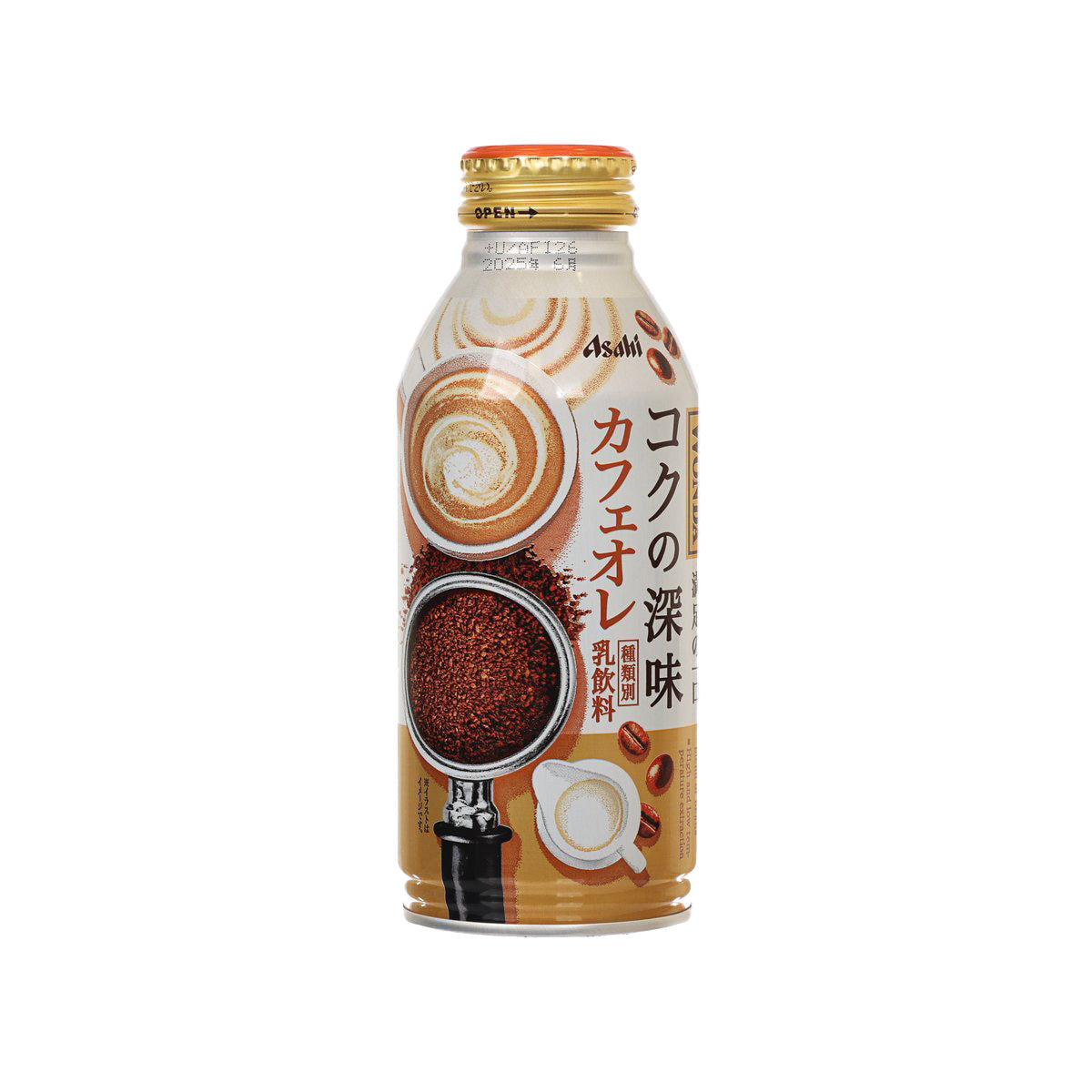 Coffee au lait bottle 370 g by WONDA, gold cap, front label with coffee swirl