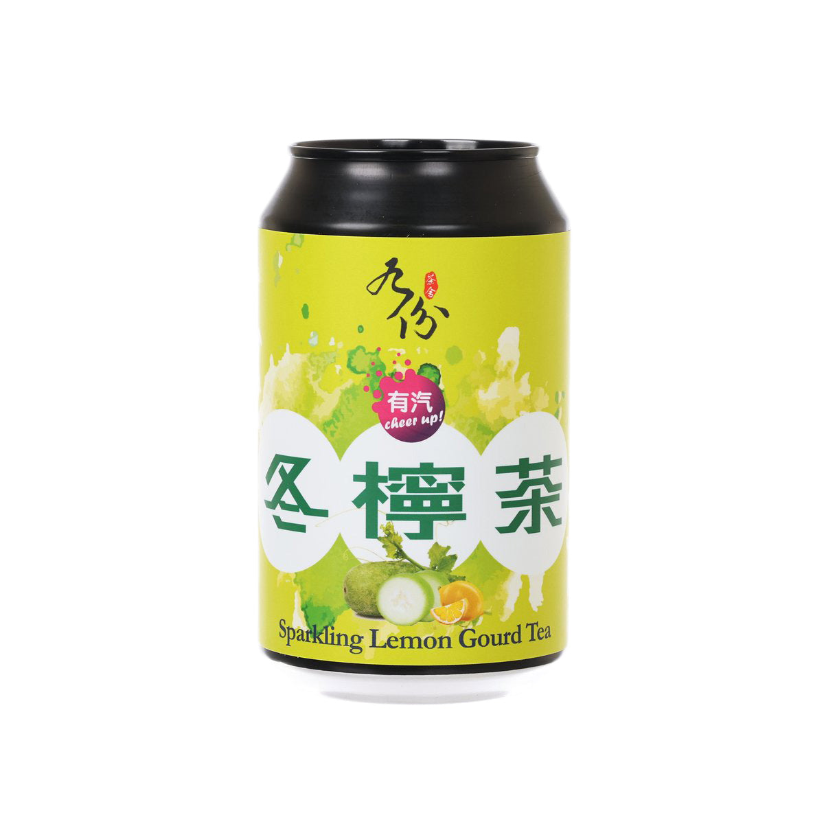 Sparkling lemon gourd tea can with green label and black lid, 330 mL