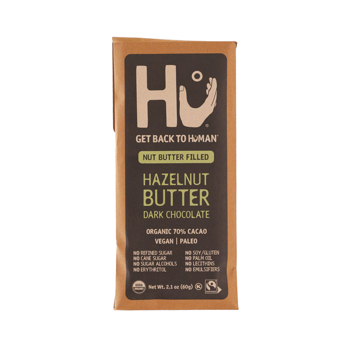 Organic dark chocolate bar with hazelnut butter, 70% cacao, in kraft wrapper