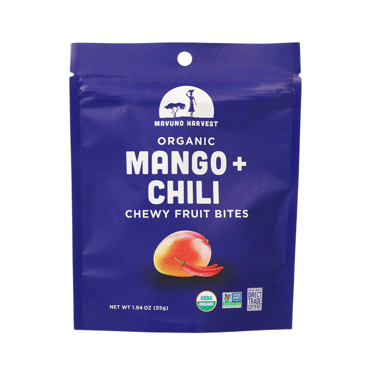 Organic mango-chili chewy fruit bites pouch, blue with MAVUNO HARVEST logo