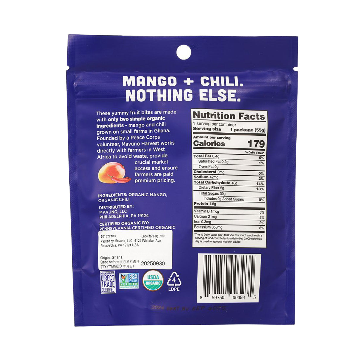 Organic mango-chili chewy fruit bites pouch back, nutrition facts and ingredients panel