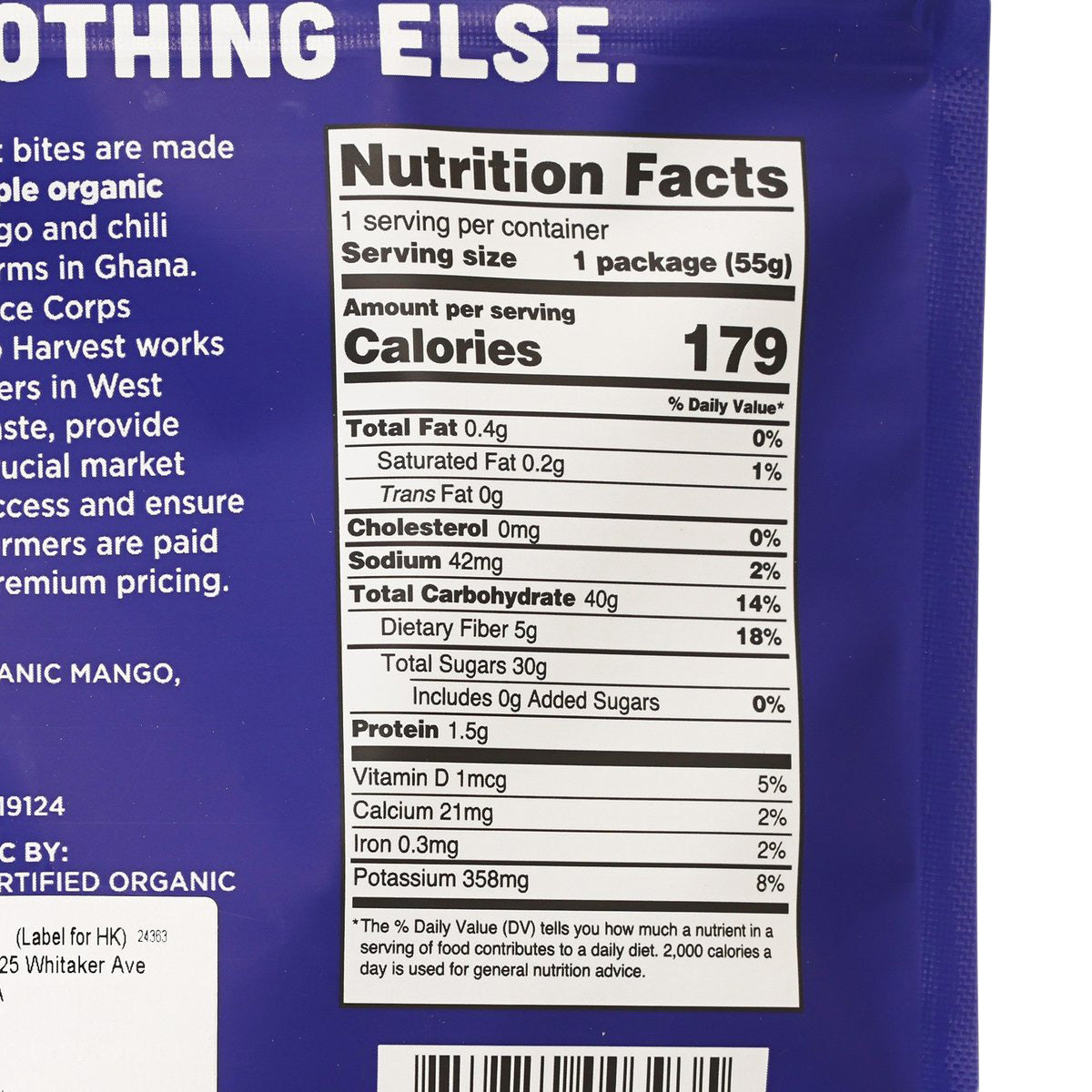 Nutrition Facts close-up on organic mango-chili chewy fruit bites pouch, serving size