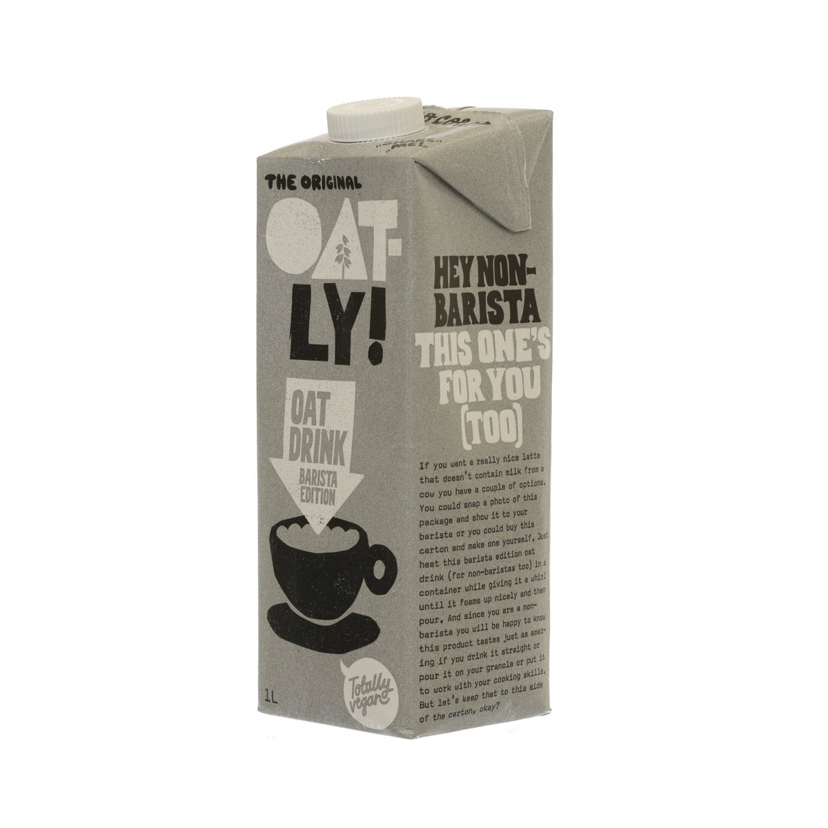 OATLY oat drink barista edition 1L carton, back panel text and folded top