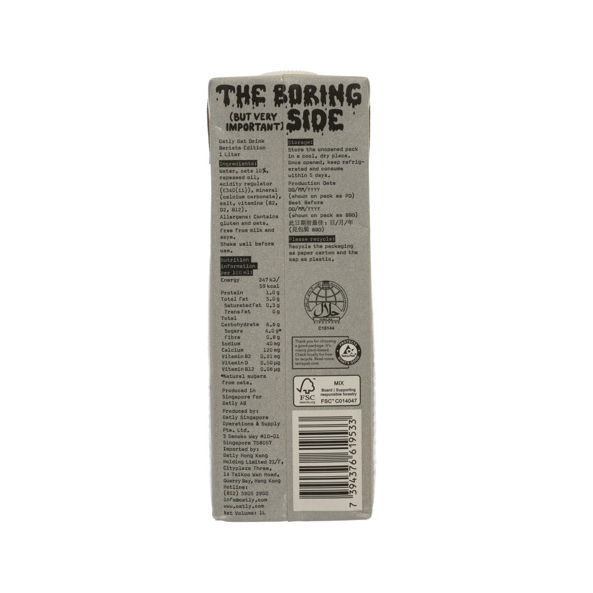 OATLY oat drink barista edition 1L carton, barcode and ingredient panel