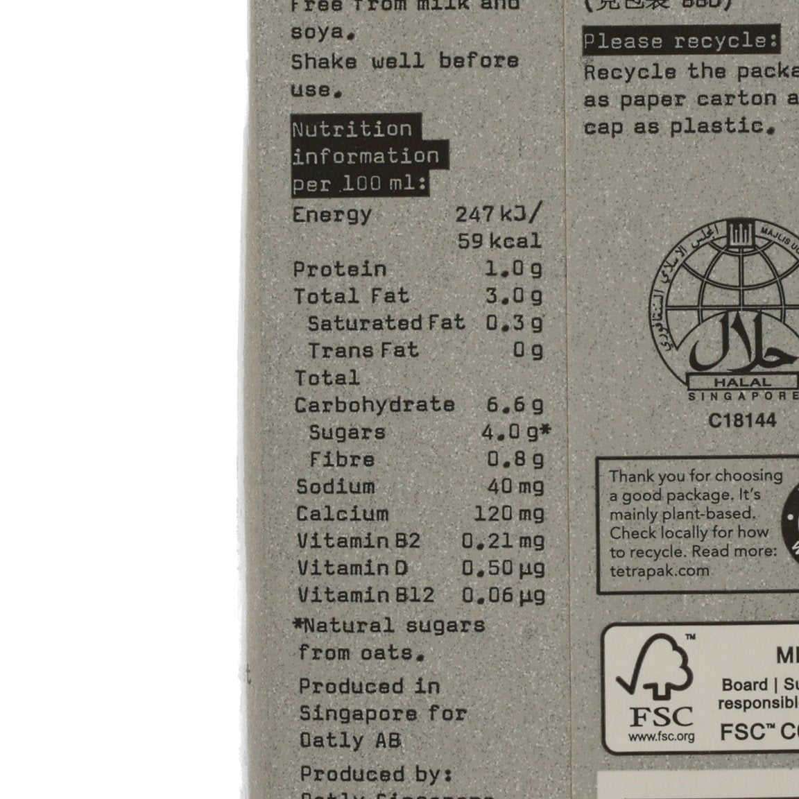 OATLY oat drink barista edition 1L carton, nutrition facts close-up