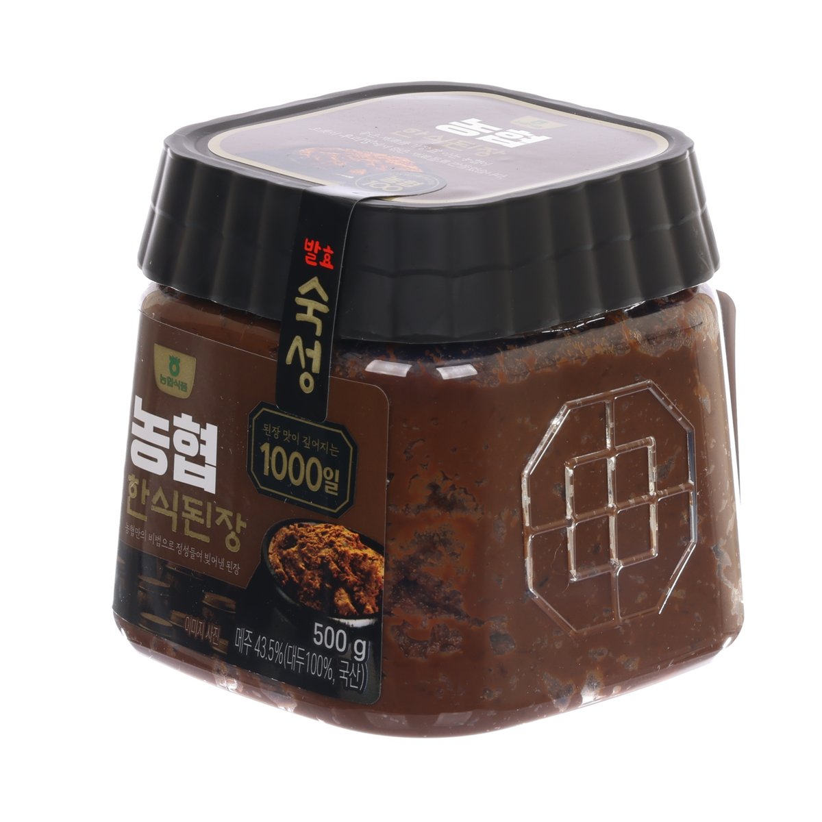 500g soy bean paste jar, brown contents, black lid, and side label