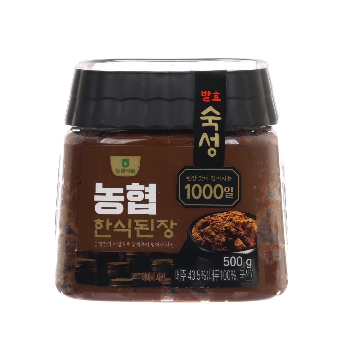 500g soy bean paste jar with black lid, brown paste, and front label