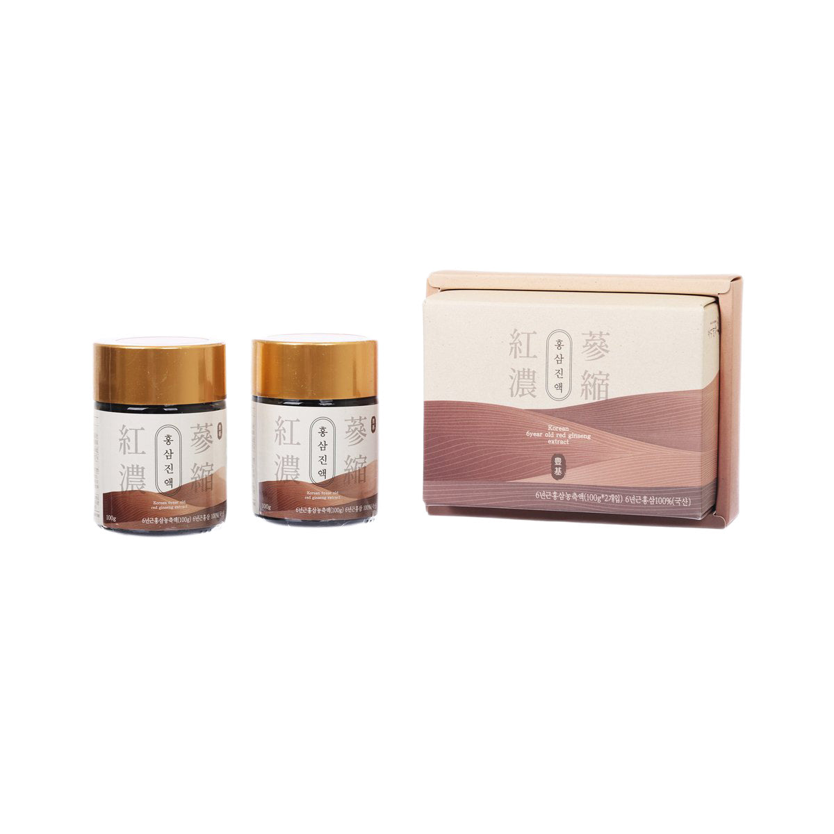Red ginseng concentrate jars and box, gold caps and beige carton