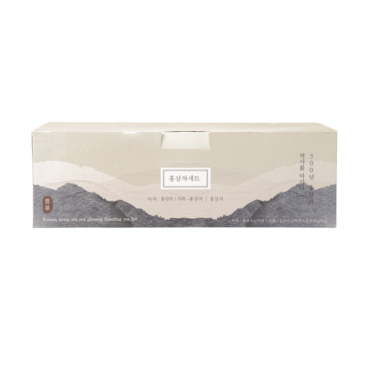 Red ginseng tea set box with front label and mountain landscape graphic