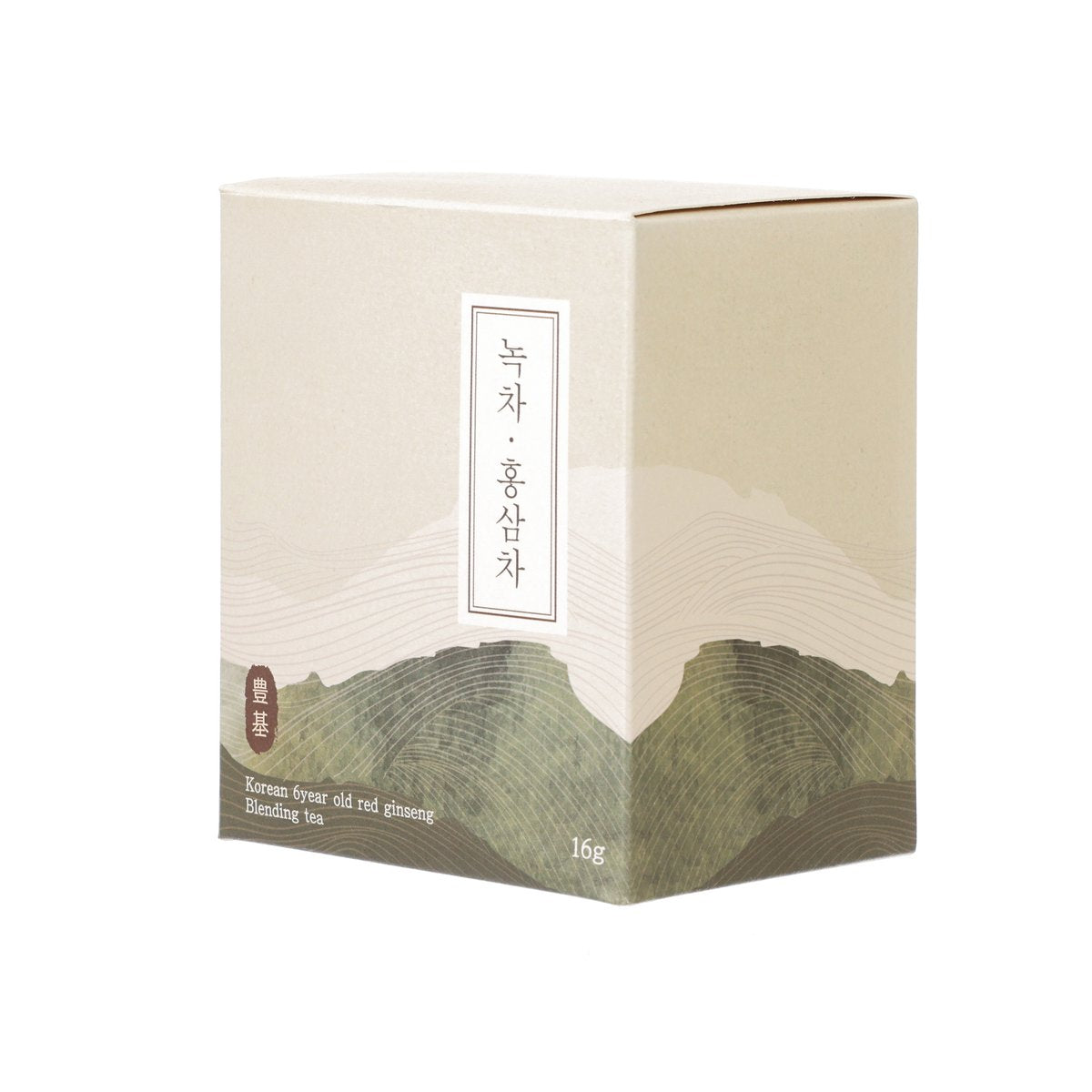 Green tea and red ginseng blend tea box, 16g, label on side