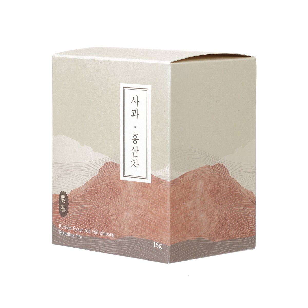 Apple & red ginseng tea box, beige mountain pattern and Korean label on side