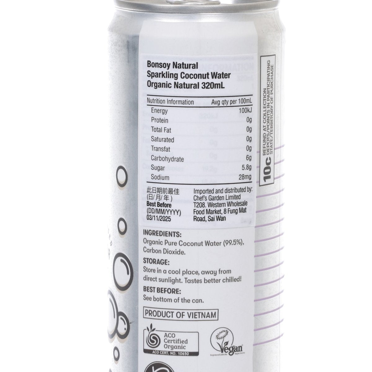 BONSOY sparkling coconut water can label close-up, ingredients and nutrition, 320 mL