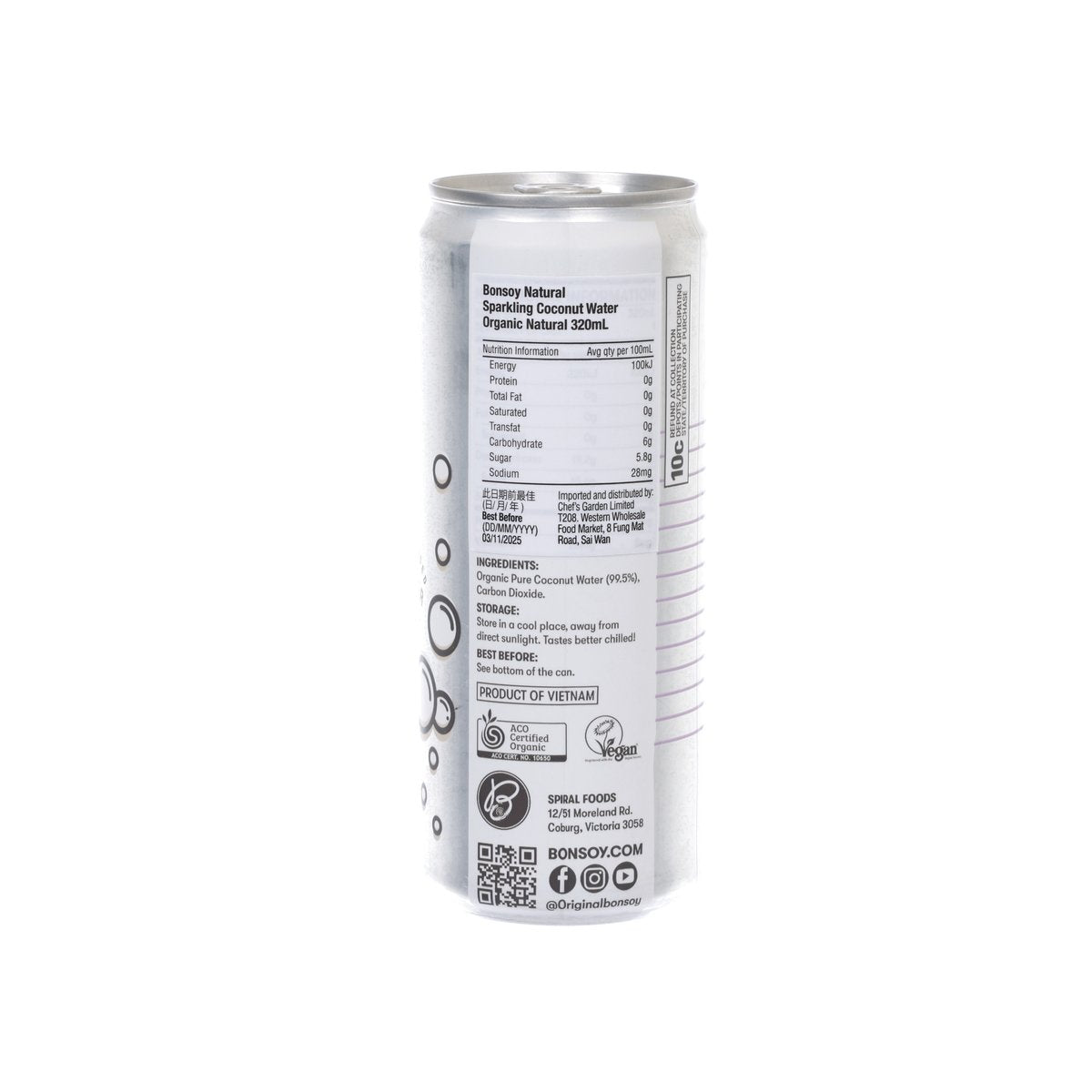 BONSOY sparkling coconut water can back with nutrition facts, 320 mL