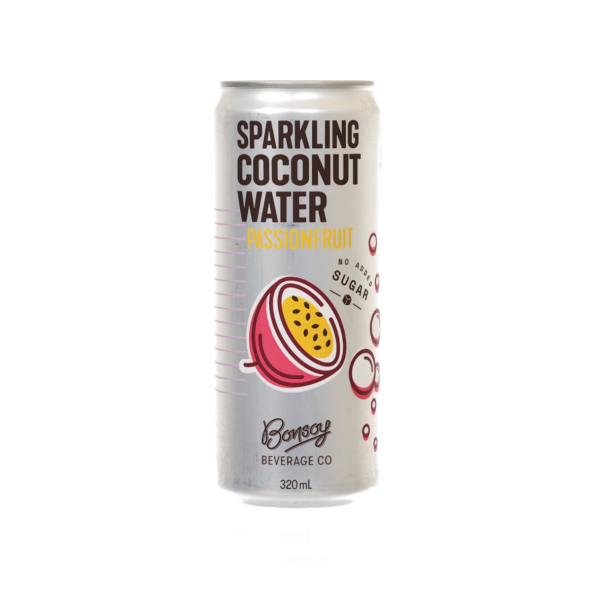 BONSOY sparkling coconut water can with passionfruit front label, 320 mL