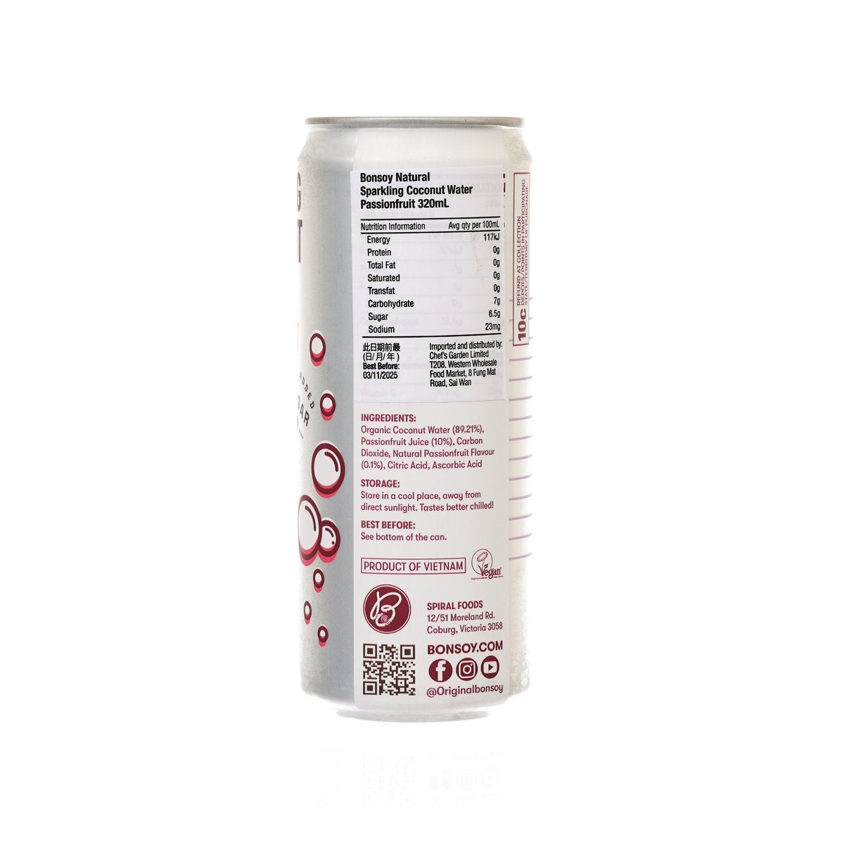 BONSOY sparkling coconut water can back label with nutrition and ingredients, 320 mL