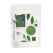 Organic matcha powder in a sealed stand-up pouch with green leaf label