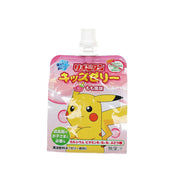 Peach jelly drink pouch with squeeze spout, Pikachu-style character on front
