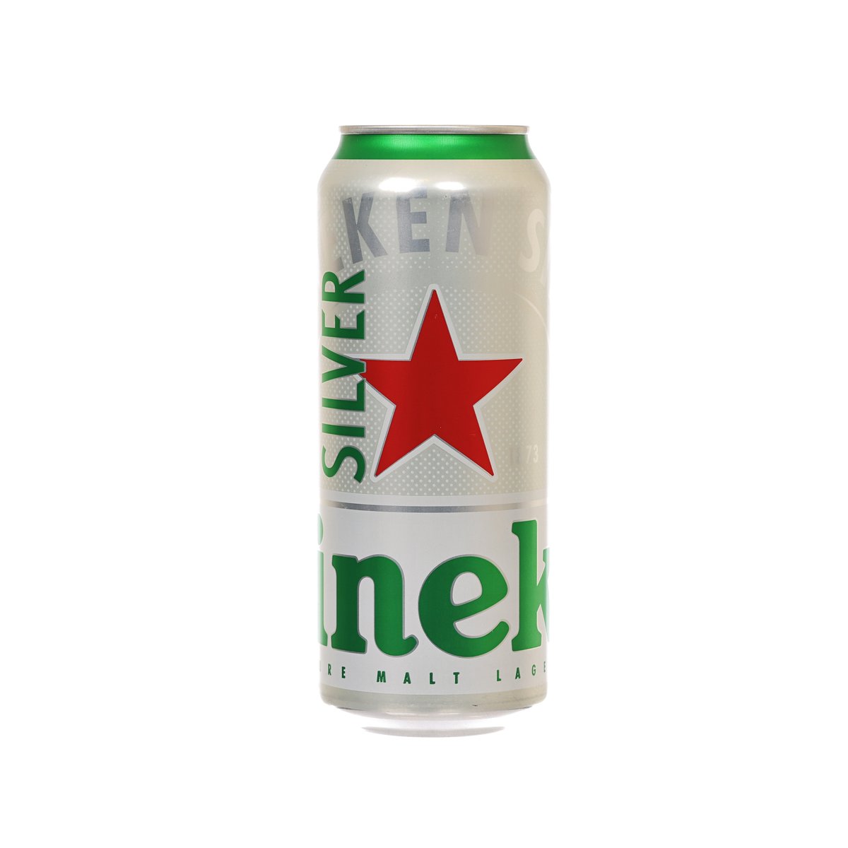 Silver Heineken beer can with red star and green logo, front label