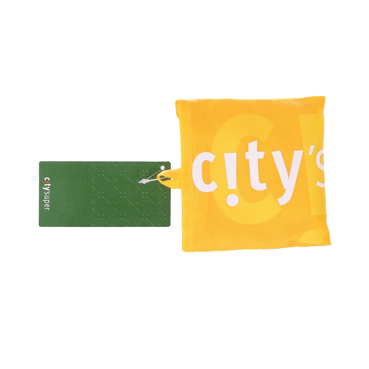 Pocketable foldable bag in mango yellow with attached green card tag